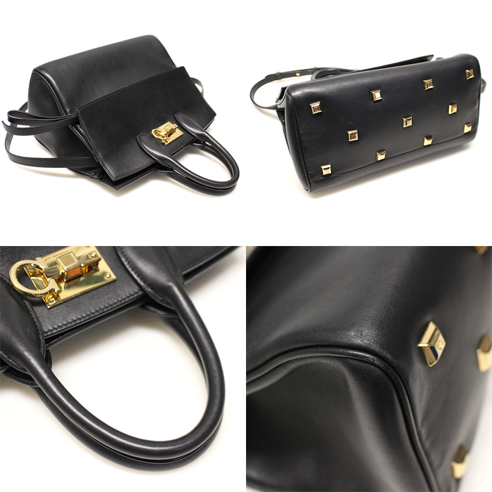 Ferragamo(페라가모) 21 H159 블랙 카프스킨 금장 간치니 스튜디오 스몰 2WAY