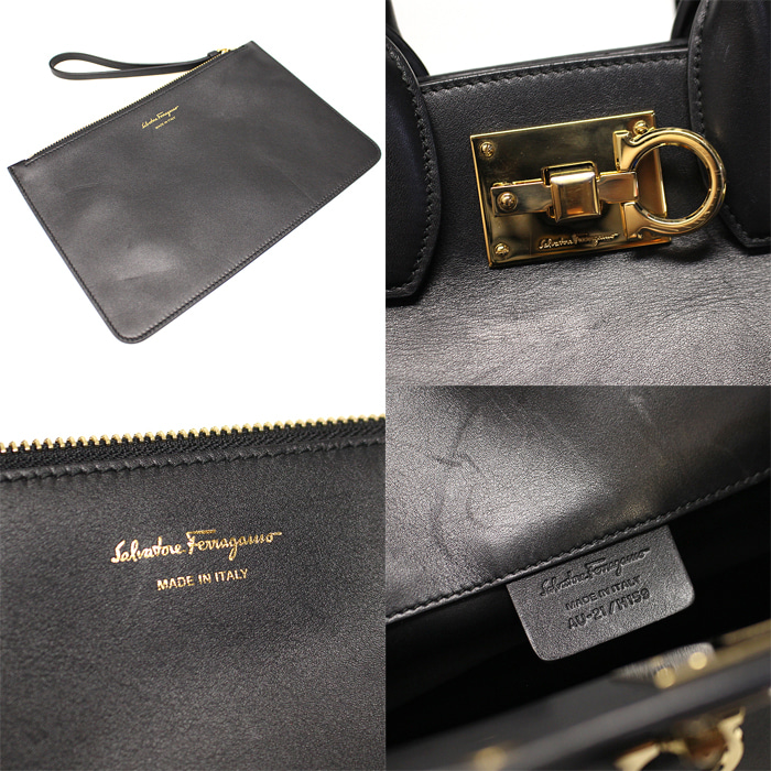 Ferragamo(페라가모) 21 H159 블랙 카프스킨 금장 간치니 스튜디오 스몰 2WAY